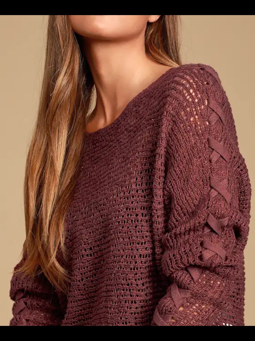 Billabong Open Knit Plum Sweater with Braided Trim Woman's Large